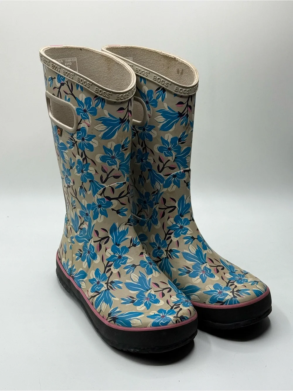 Bogs Beige Rain Boots with Blue Floral Print